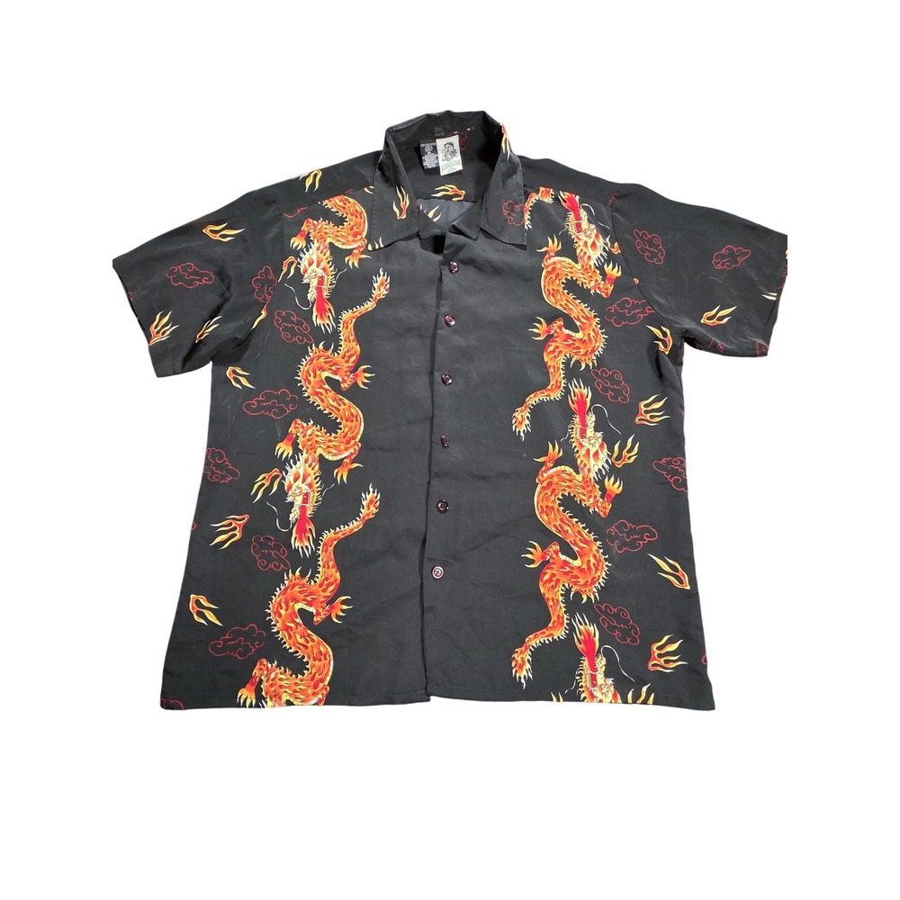 Kennington Ltd California Mens XL Dragon Flame Graphic Button Up Shirt Black Y2K